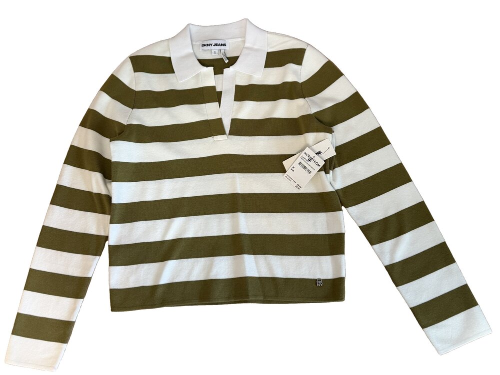 DKNY Jeans Striped Long Sleeve Polo Sweater Crocodile Ivory Medium NWT
